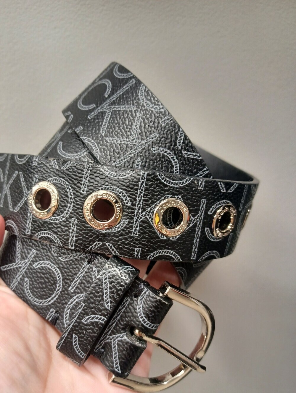 Calvin Klein Womens Logo Print Belt Black With Silver Buckle
